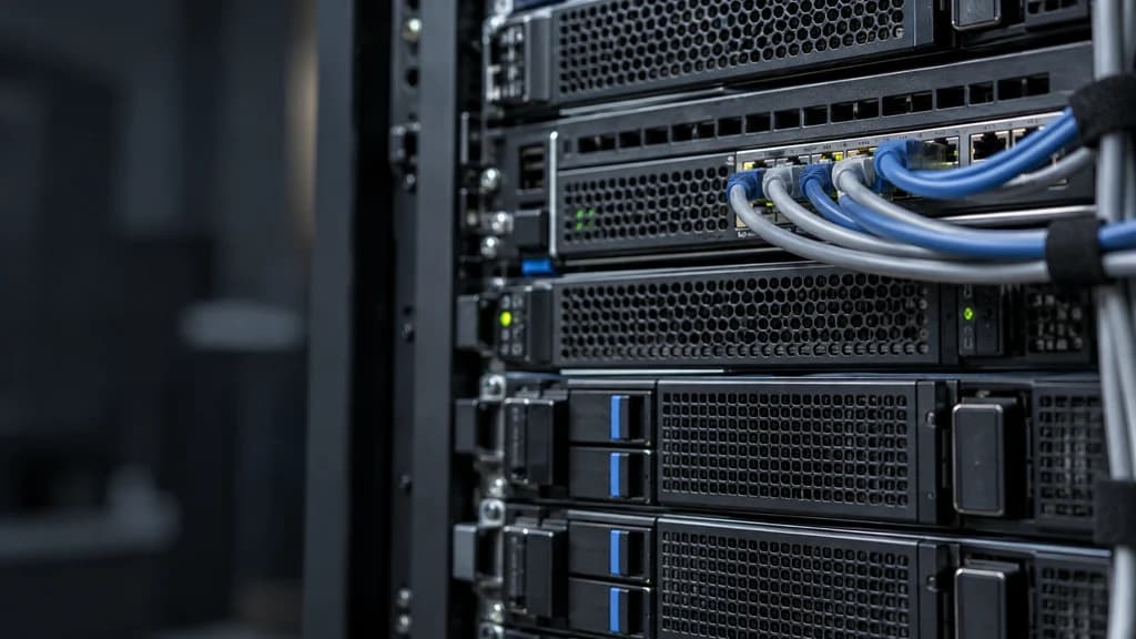 Close-up of dark rack-mounted servers with blue and gray network cables and green status lights.