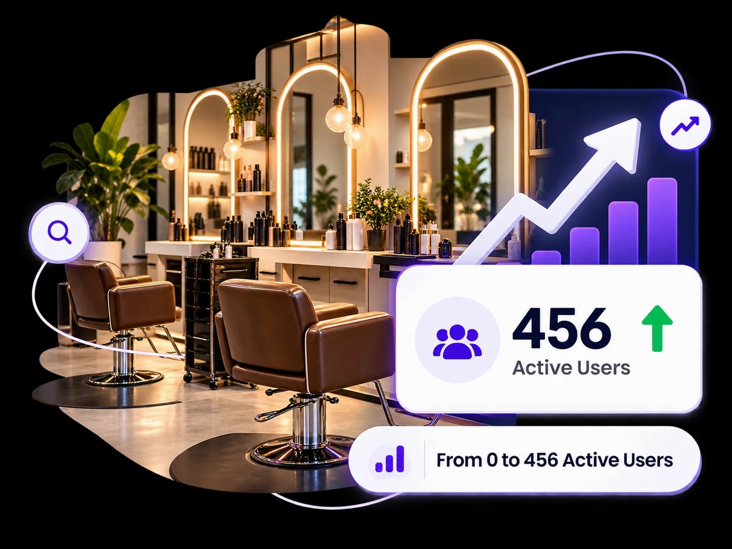 Hair salon case study illustration with salon chairs, a growth arrow, and the reported result of 456 active users
