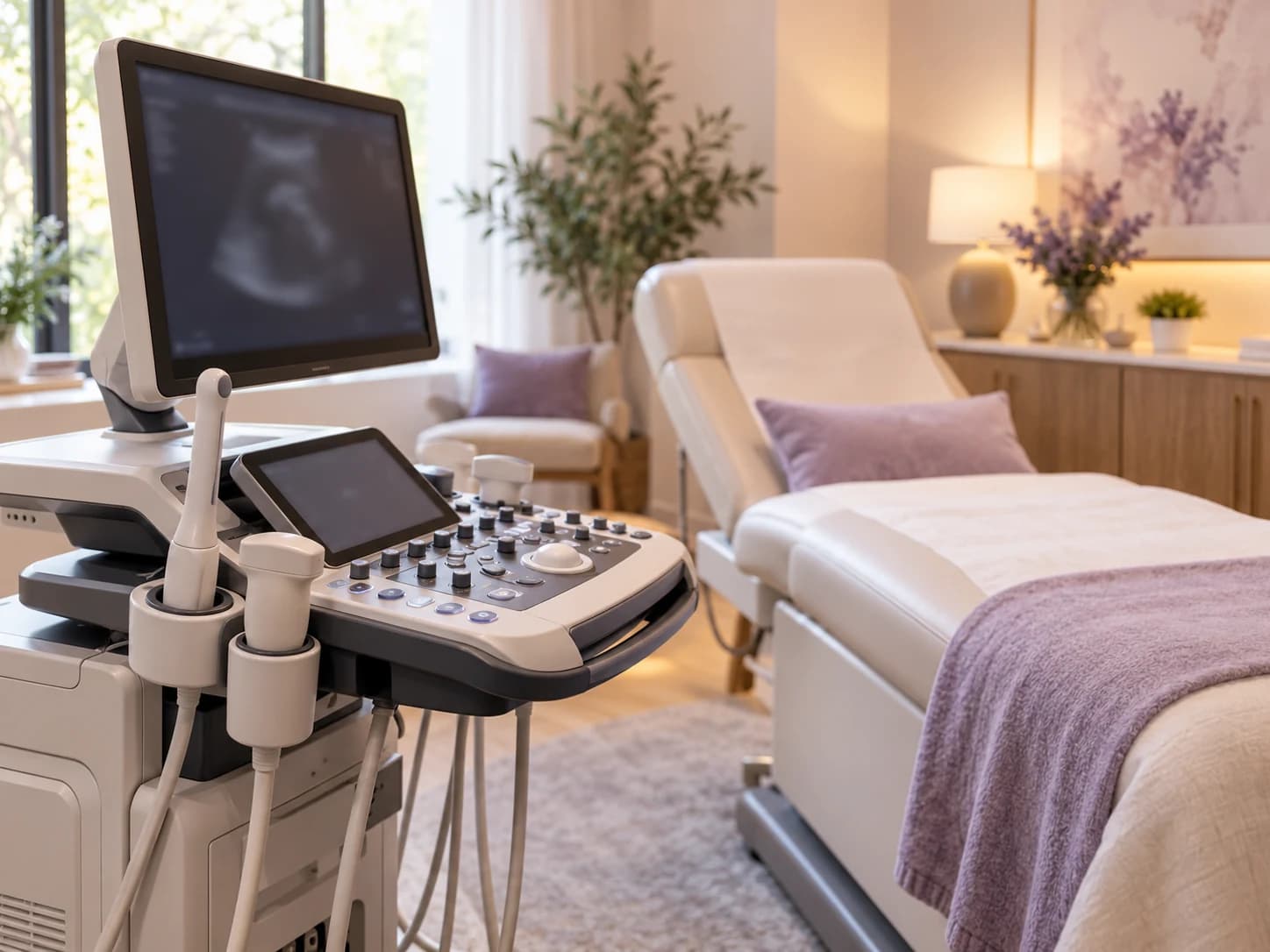 Illustrative prenatal ultrasound studio with an ultrasound console, examination recliner, and soft lavender furnishings